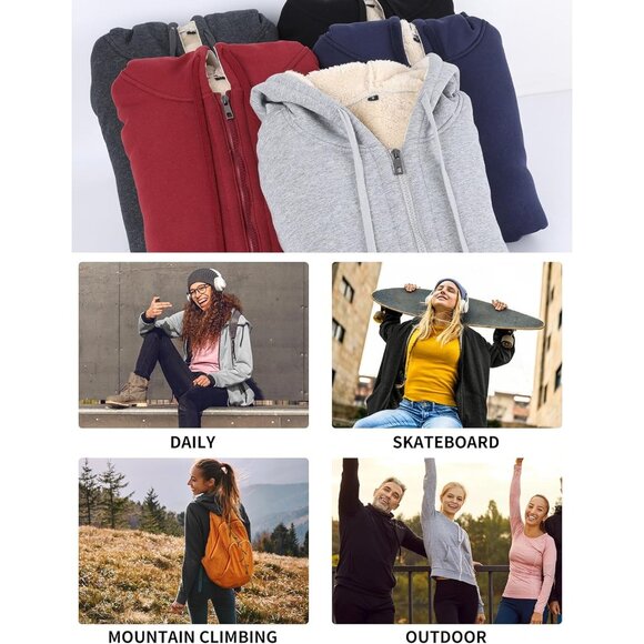 Women's Sherpa Lined Hooded Sweatshirt Zip Up Winter Warm Hoodie Comfy Hooded Fl - Picture 7 of 7